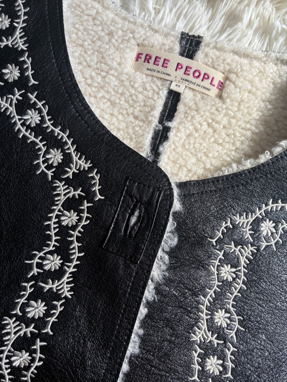 Free People Black Faux-Leather Sherpa Vest with White Embroidery - Picture 2 of 7